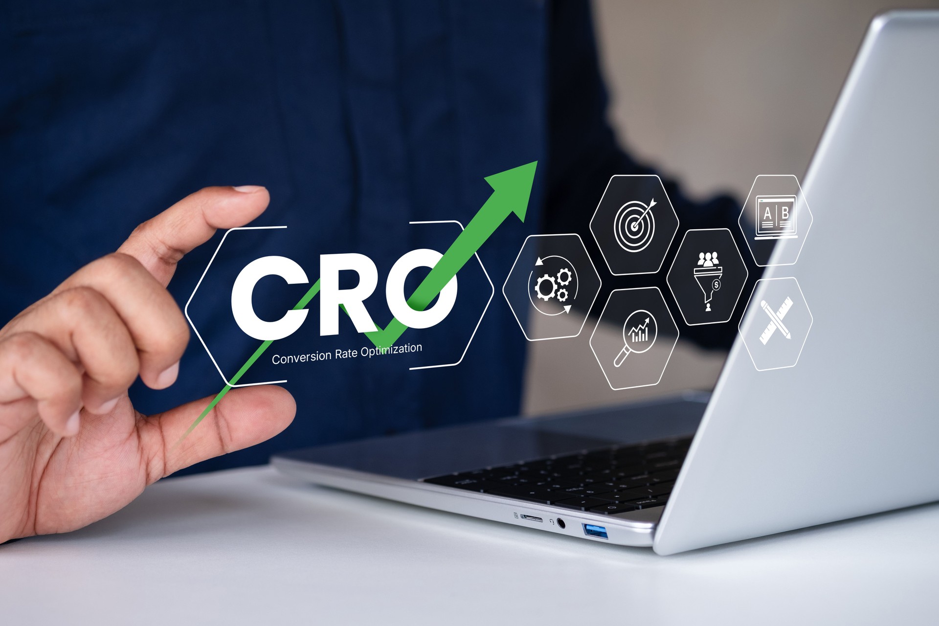 Conversion Rate Optimization, CRO success strategy, digital marketing funnel awareness interest conversion stages, business performance improvement, ROI growth, customer journey metrics visualization