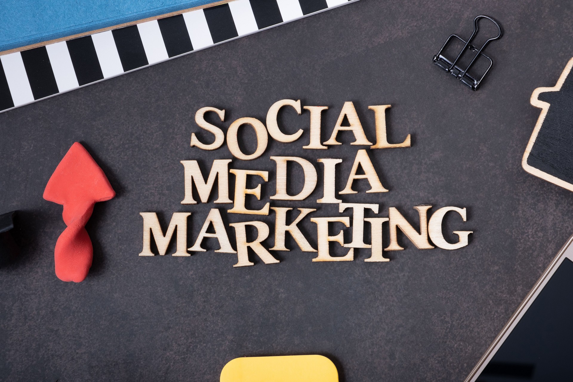 Social Media Marketing inscription made with wooden letters, top view. Social Media Marketing.